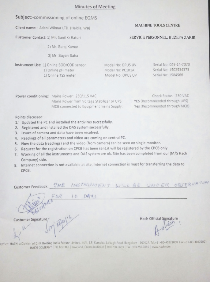 Certificate of EFFLUENT QUALITY MONITORING SYSTEM 1